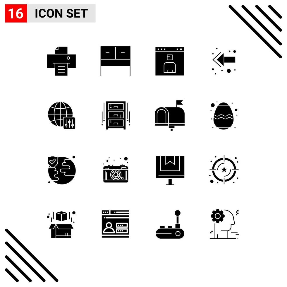 grupo de 16 glifos sólidos modernos definidos para interface de configuração de desenho elementos de design de vetores editáveis de fundo do mundo