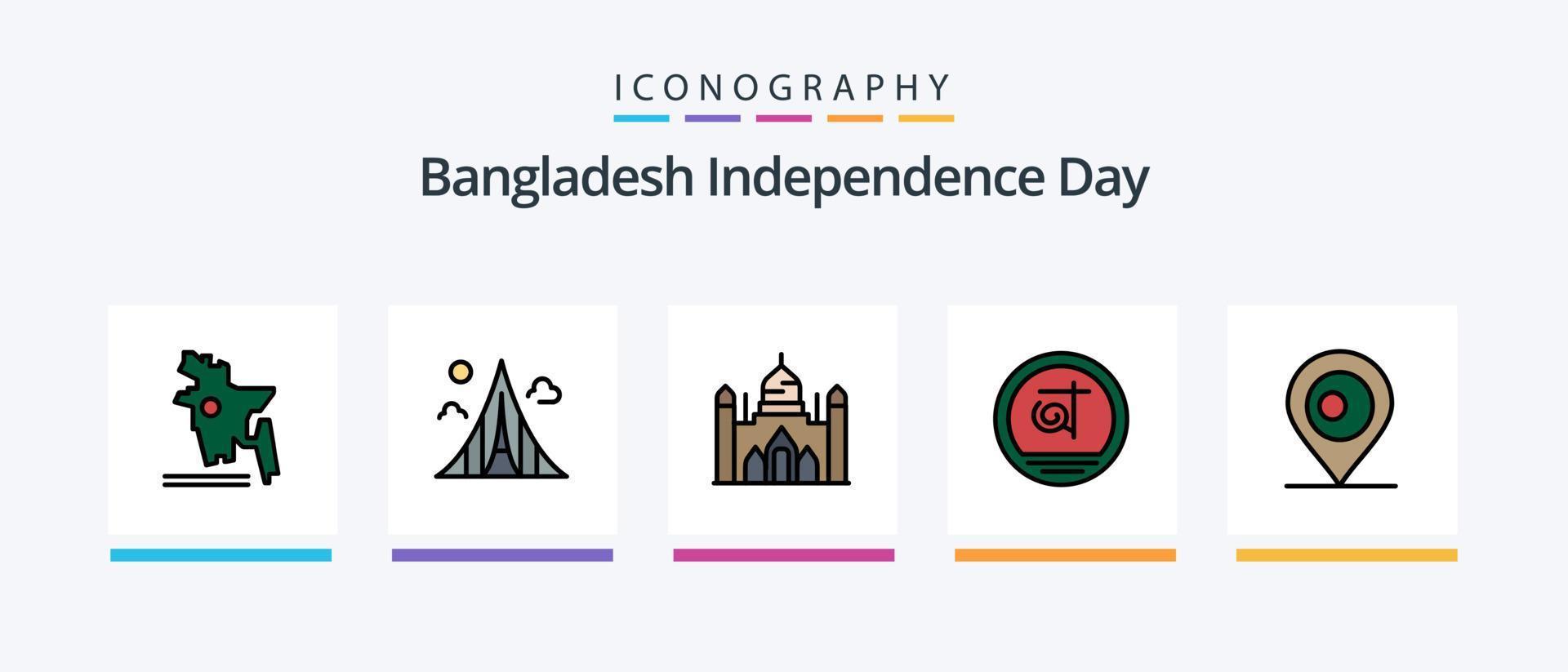 a linha do dia da independência de bangladesh encheu o pacote de 5 ícones, incluindo desfile. instrumento. mártires. tambor. país. design de ícones criativos vetor