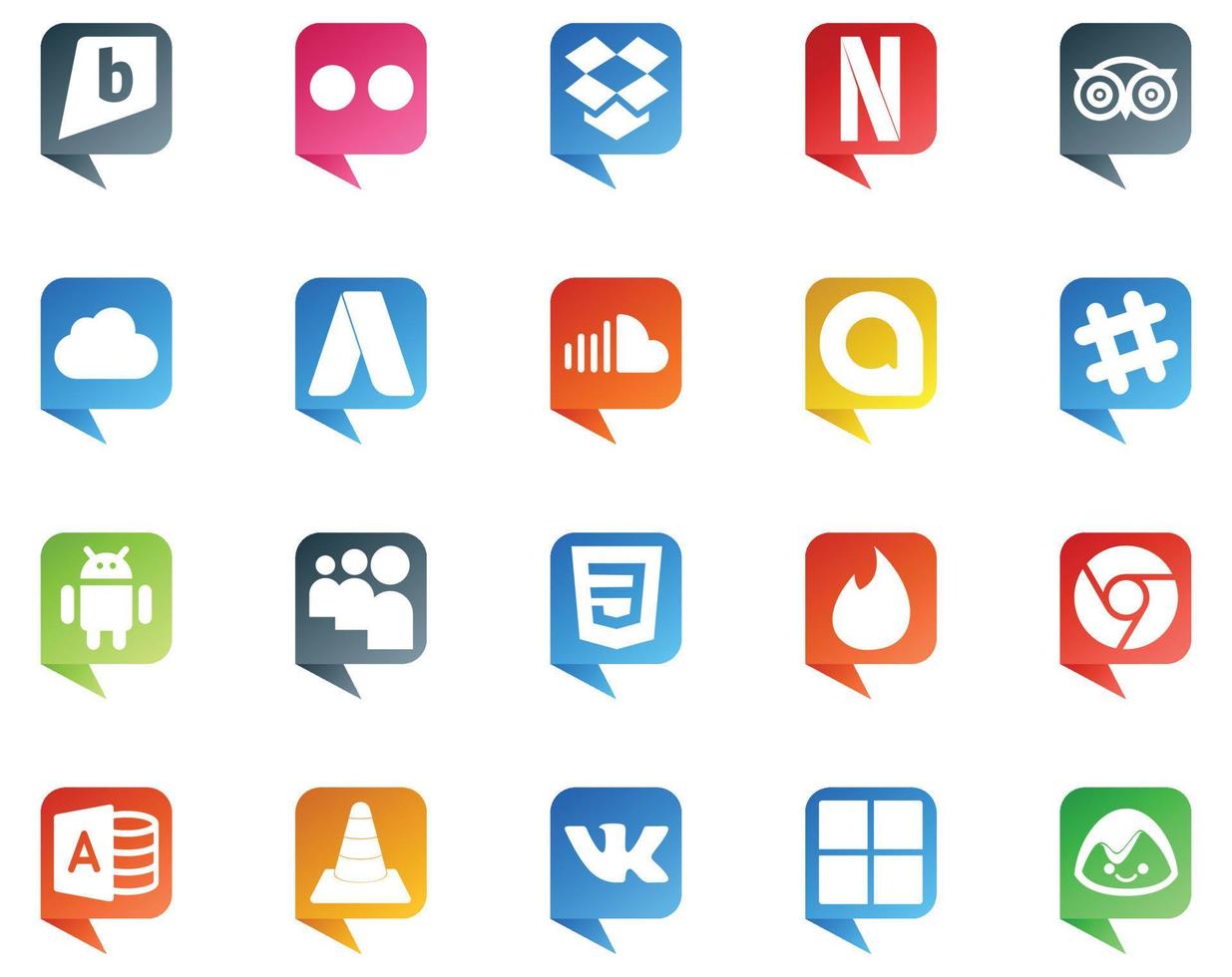 20 logotipo de estilo de balão de mídia social como tinder myspace soundcloud android slack vetor