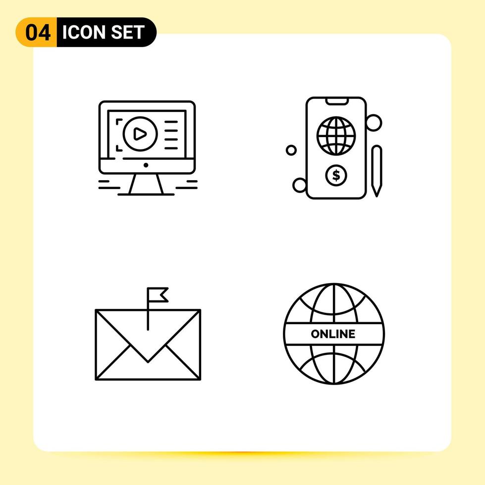 Pacote de 4 linhas de interface de usuário de sinais e símbolos modernos de design de e-mail de monitor elementos de design de vetores editáveis sinalizados em dólar