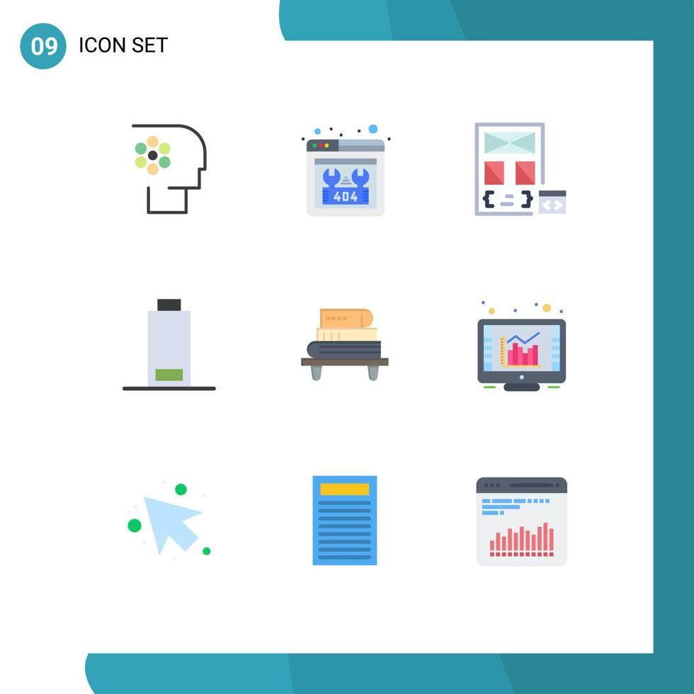 grupo de símbolos de ícones universais de 9 cores planas modernas de poder, reparo de multimídia, desenvolvimento de bateria, elementos de design de vetores editáveis