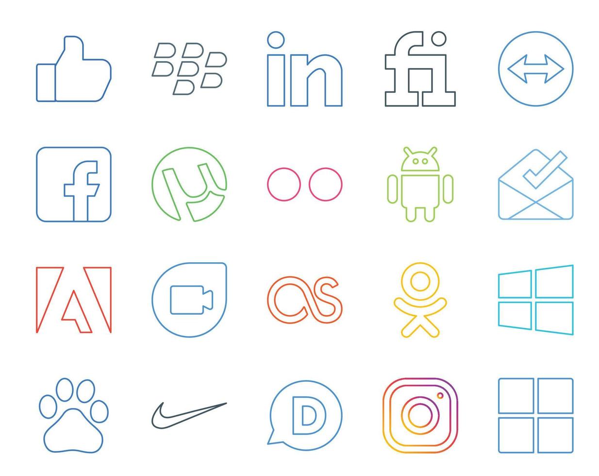 20 pacotes de ícones de mídia social, incluindo disqus baidu android windows lastfm vetor