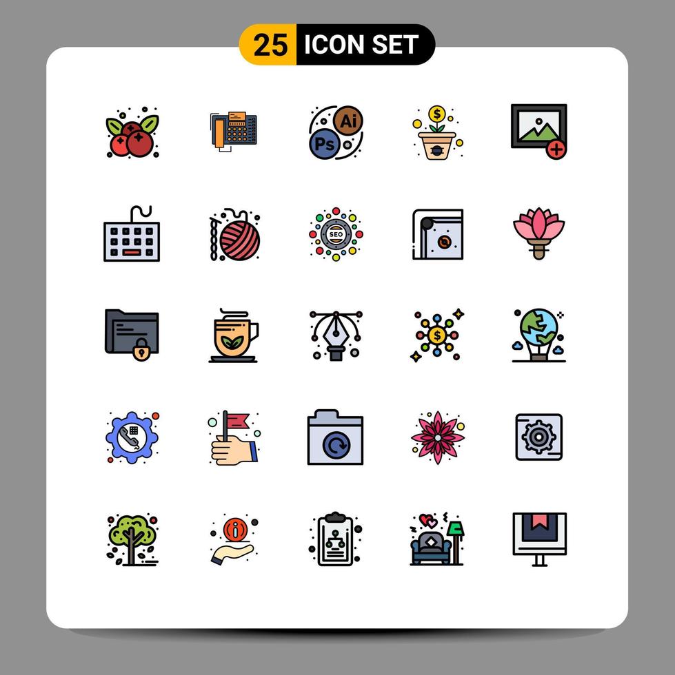 pacote de cores planas de linha preenchida de 25 símbolos universais de novos elementos de design de vetor editável de crescimento de árvore de contato de planta