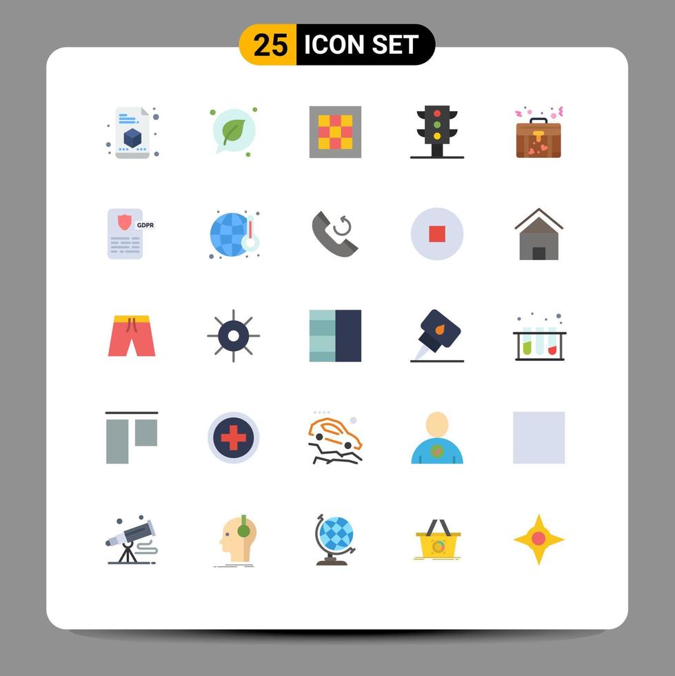 conjunto de cores planas de interface móvel de 25 pictogramas de luzes de transporte de gráfico de bolsa de amor elementos de design vetorial editáveis vetor