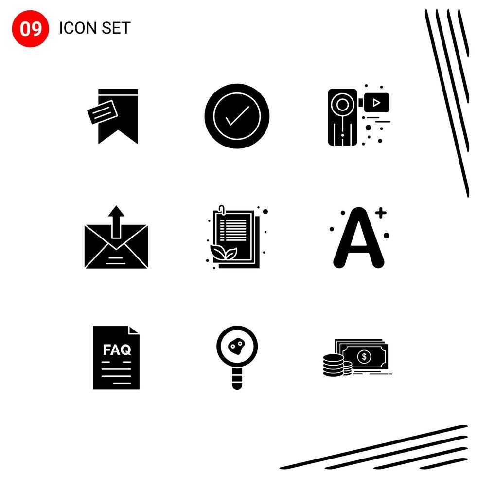 conjunto moderno de 9 glifos e símbolos sólidos, como elementos de design de vetor editável de filme de comércio de câmera de e-mail enviado