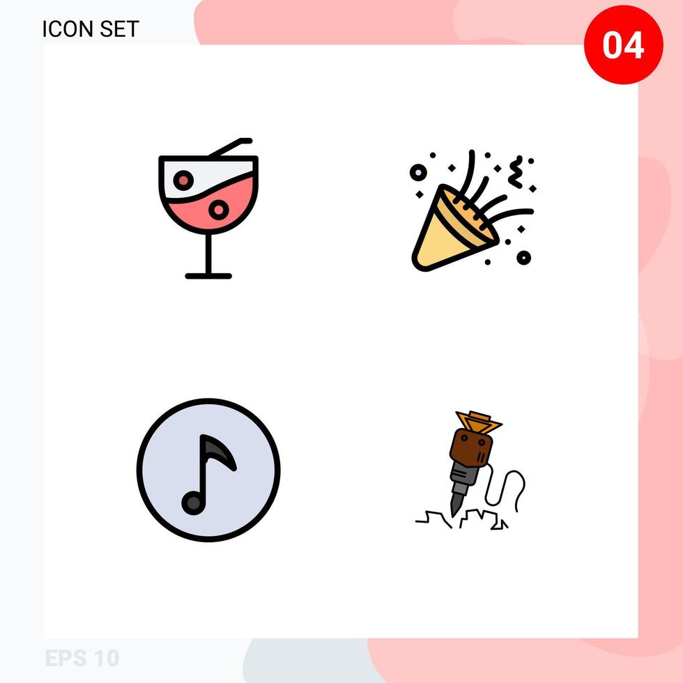pacote de 4 sinais e símbolos modernos de cores planas de linha preenchida para mídia de impressão na web, como notas de suco de frutas, festa de aniversário, construção de elementos de design vetorial editáveis vetor