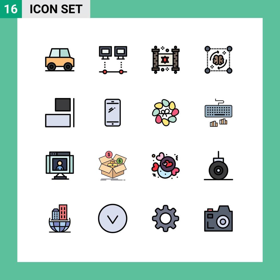 pacote de 16 sinais e símbolos modernos de linhas cheias de cores planas para mídia impressa na web, como arquivo de ataque, processo de pc, religião, elementos de design de vetor criativo editáveis