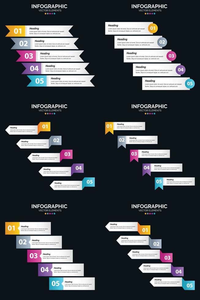 modelo de slide de apresentação de pacote de infográficos vetor 6 diagramas de ciclo de 5 etapas e linhas do tempo