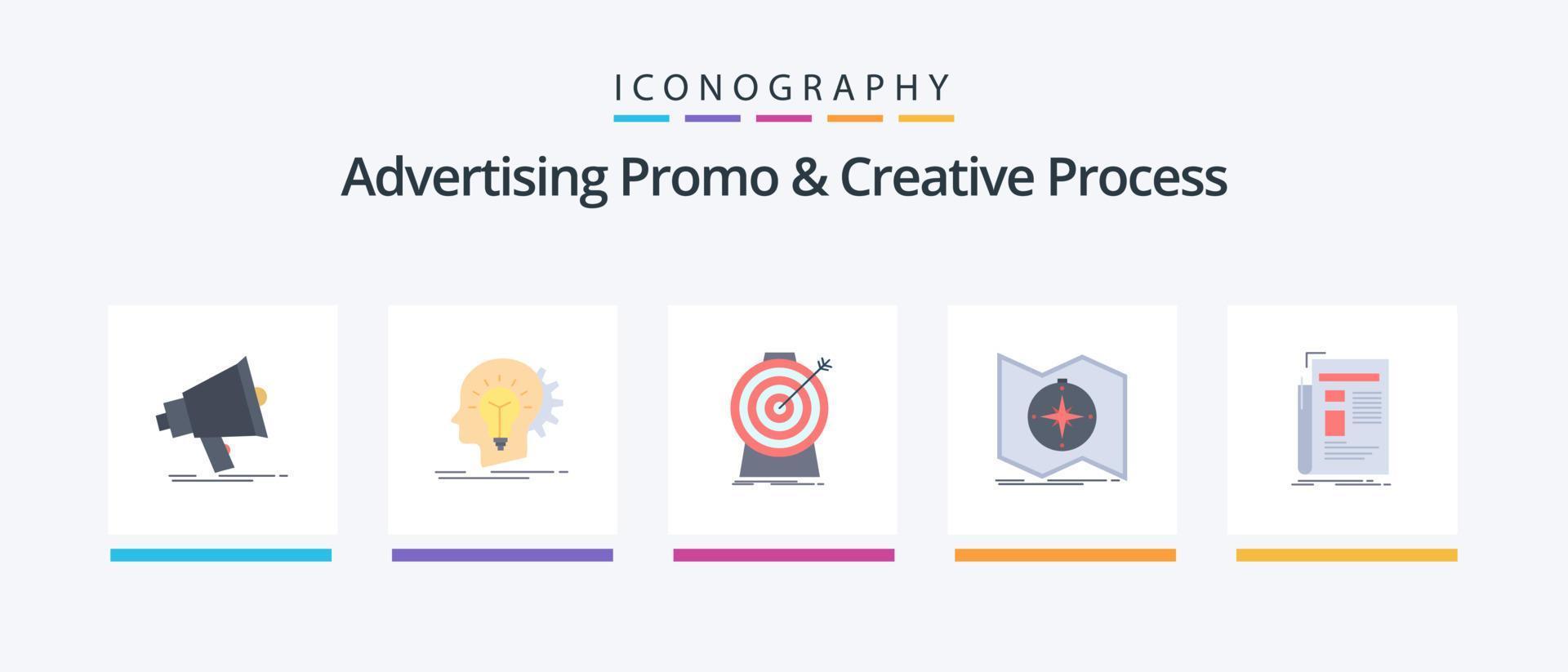promoção de publicidade e pacote de ícones plana de 5 processos criativos, incluindo mapa. direção. idéia. alvejando. meta. design de ícones criativos vetor