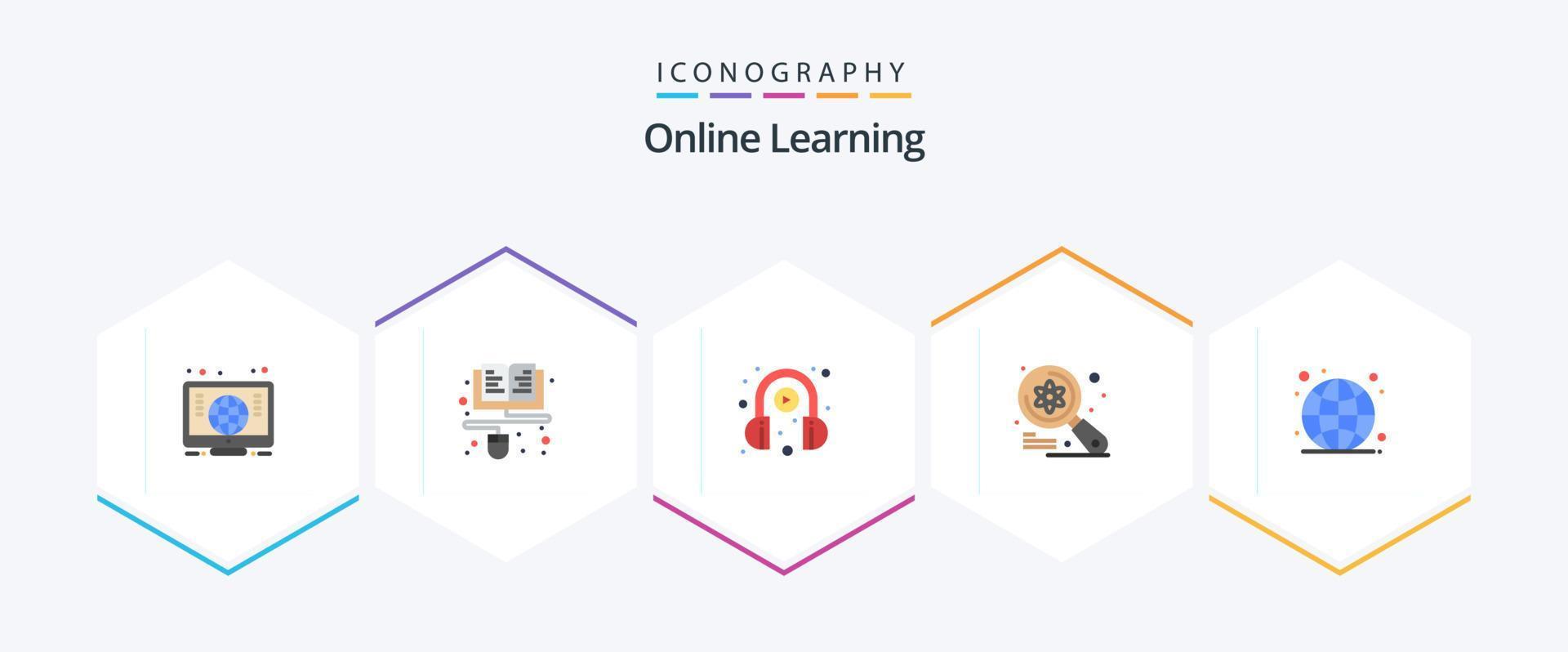 Pacote de ícones planos de aprendizado on-line 25, incluindo globo. procurar. fone de ouvido. Ciência. examinar vetor