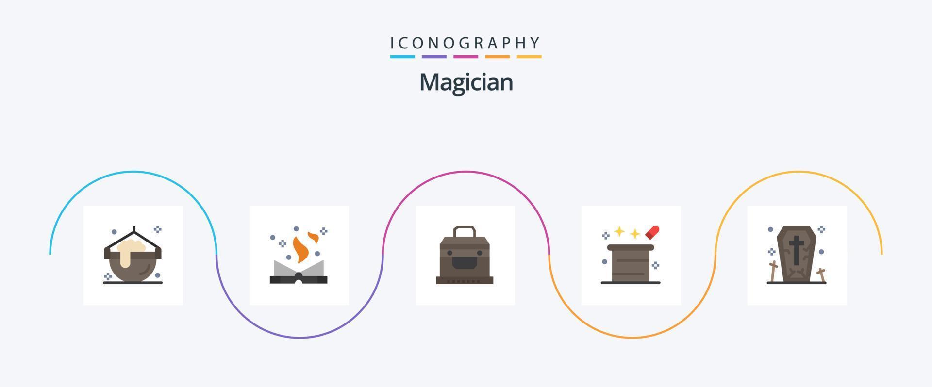 Magician Flat 5 Icon Pack incluindo caixão. mágico. bandido. mágico. Magia vetor