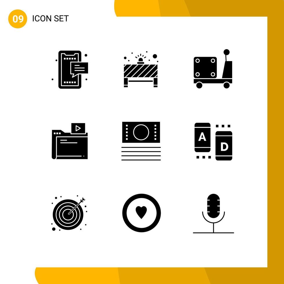 9 conceito de glifo sólido para sites móveis e aplicativos, vídeo em dinheiro, caminhão de filme de luz vermelha, elementos de design vetorial editáveis vetor