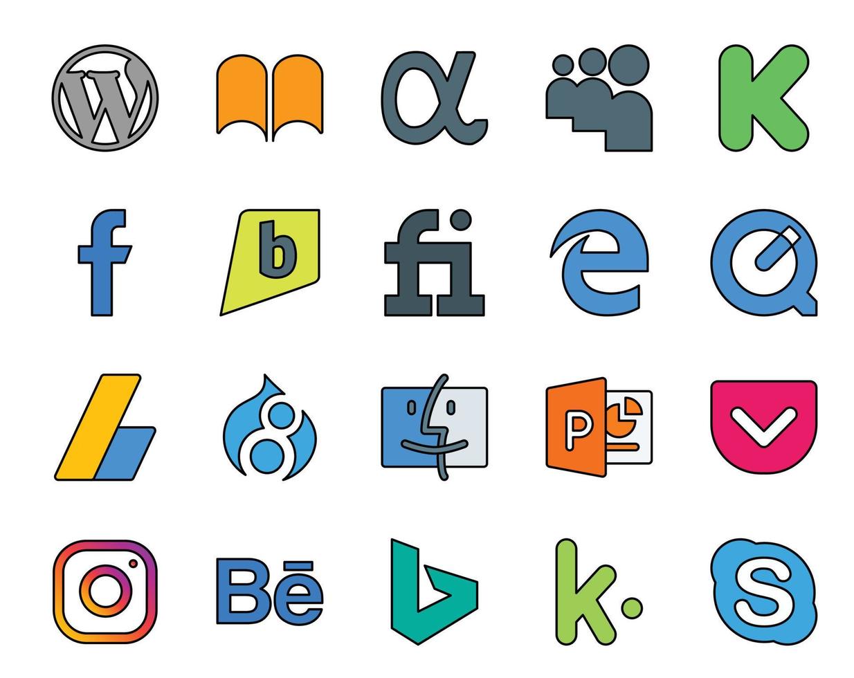 20 pacotes de ícones de mídia social, incluindo anúncios do instagram powerpoint fiverr finder vetor