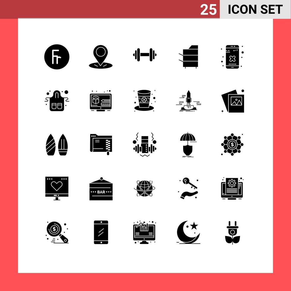 25 interface do usuário pacote de glifos sólidos de sinais e símbolos modernos de dispositivos de produtos de fitness de tecnologia cruzada elementos de design vetorial editáveis vetor