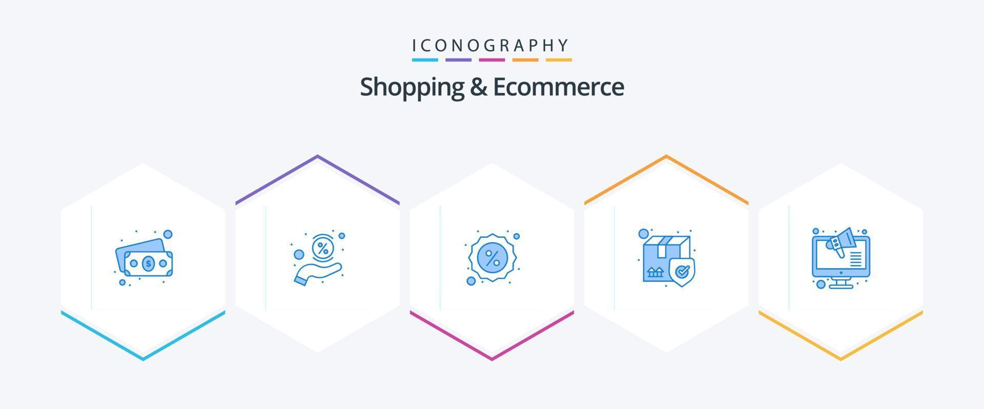 compras e comércio eletrônico 25 pacote de ícones azuis, incluindo loja. marketing. venda. caixa. seguro vetor