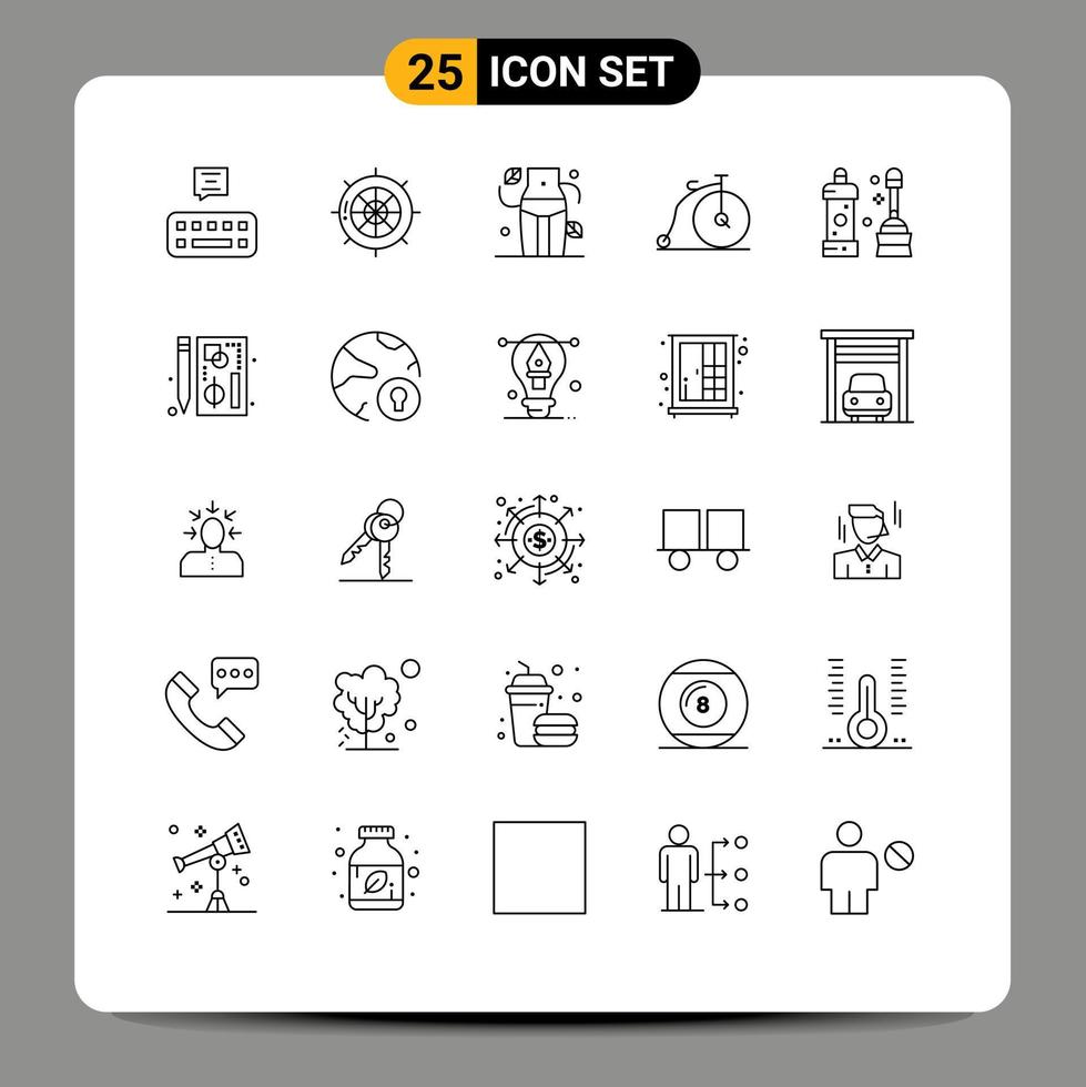 conjunto de 25 sinais de símbolos de ícones de interface do usuário modernos para veículos mais limpos, dieta, transporte, bicicleta, elementos de design de vetores editáveis