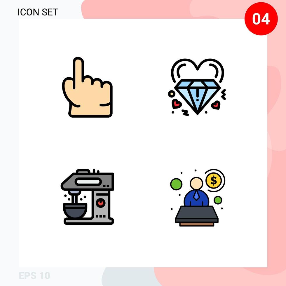 conjunto de cores planas de linha preenchida de interface móvel de 4 pictogramas de dedo café toque amor máquina de café elementos de design de vetores editáveis