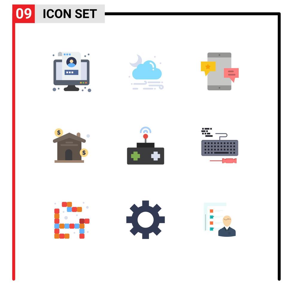 conjunto de cores planas de interface móvel de 9 pictogramas de elementos de design de vetores editáveis de rede de ativos climáticos imobiliários