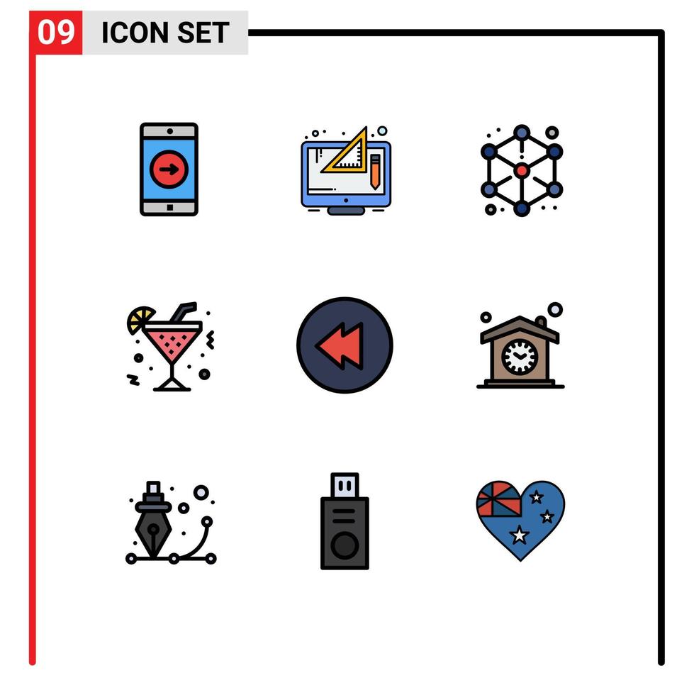 grupo de 9 sinais e símbolos de cores planas de linha preenchida para design de vidro de pensamento de bebida editável elementos de design vetorial vetor