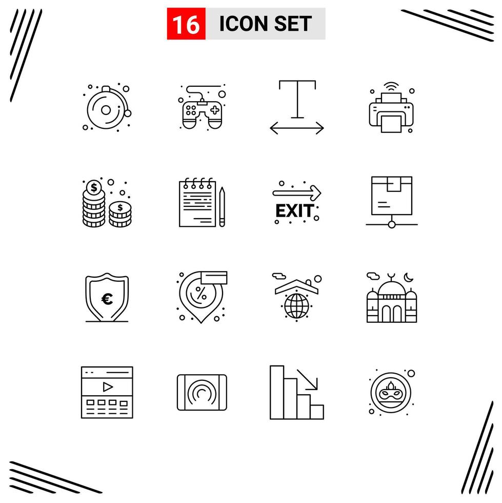 grupo de símbolos de ícone universal de 16 contornos modernos de pilha de investimento impressora dinheiro wi-fi elementos de design de vetores editáveis