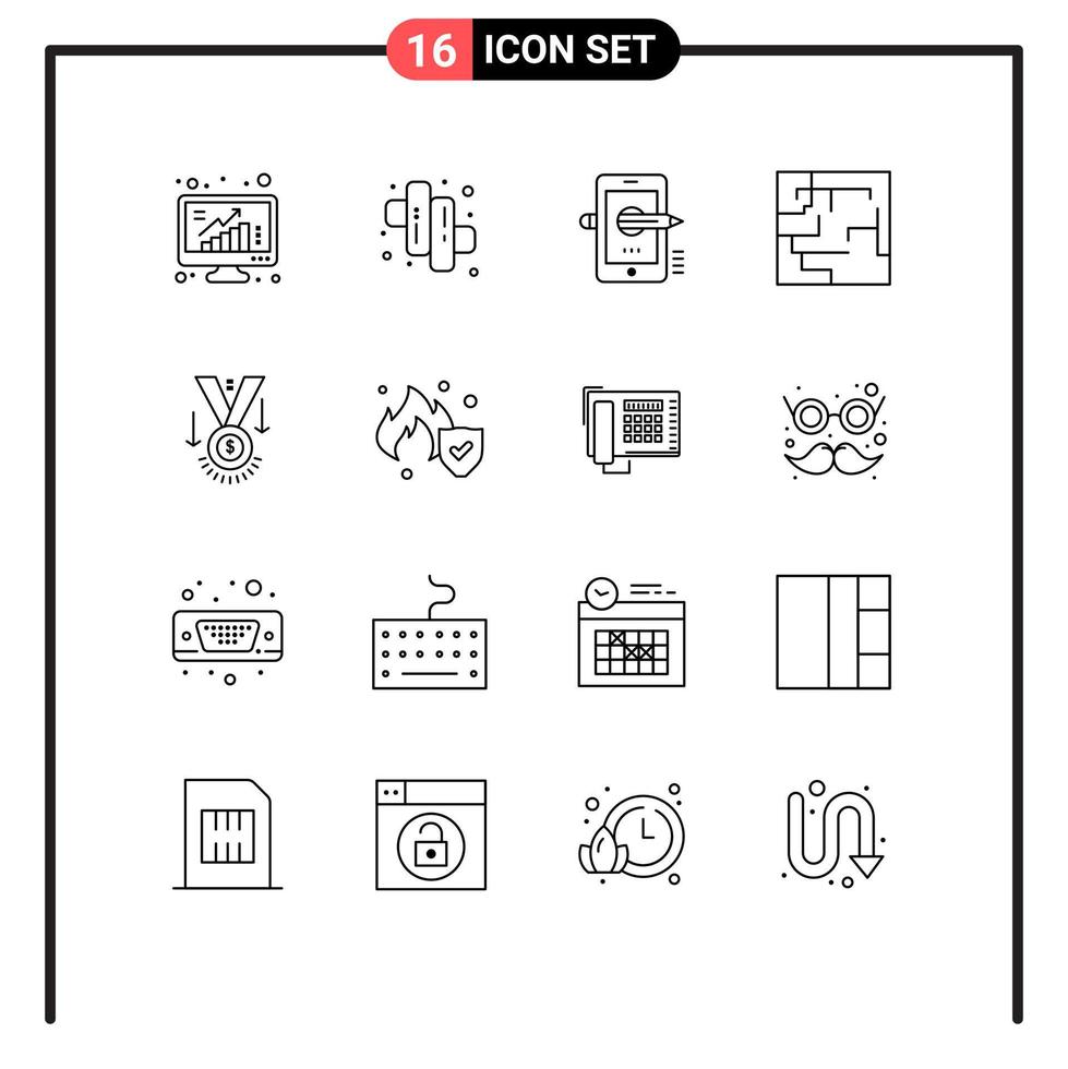 pacote de esboço de 16 símbolos universais do mapa de educação do labirinto de medalhas, compondo elementos de design vetorial editáveis vetor