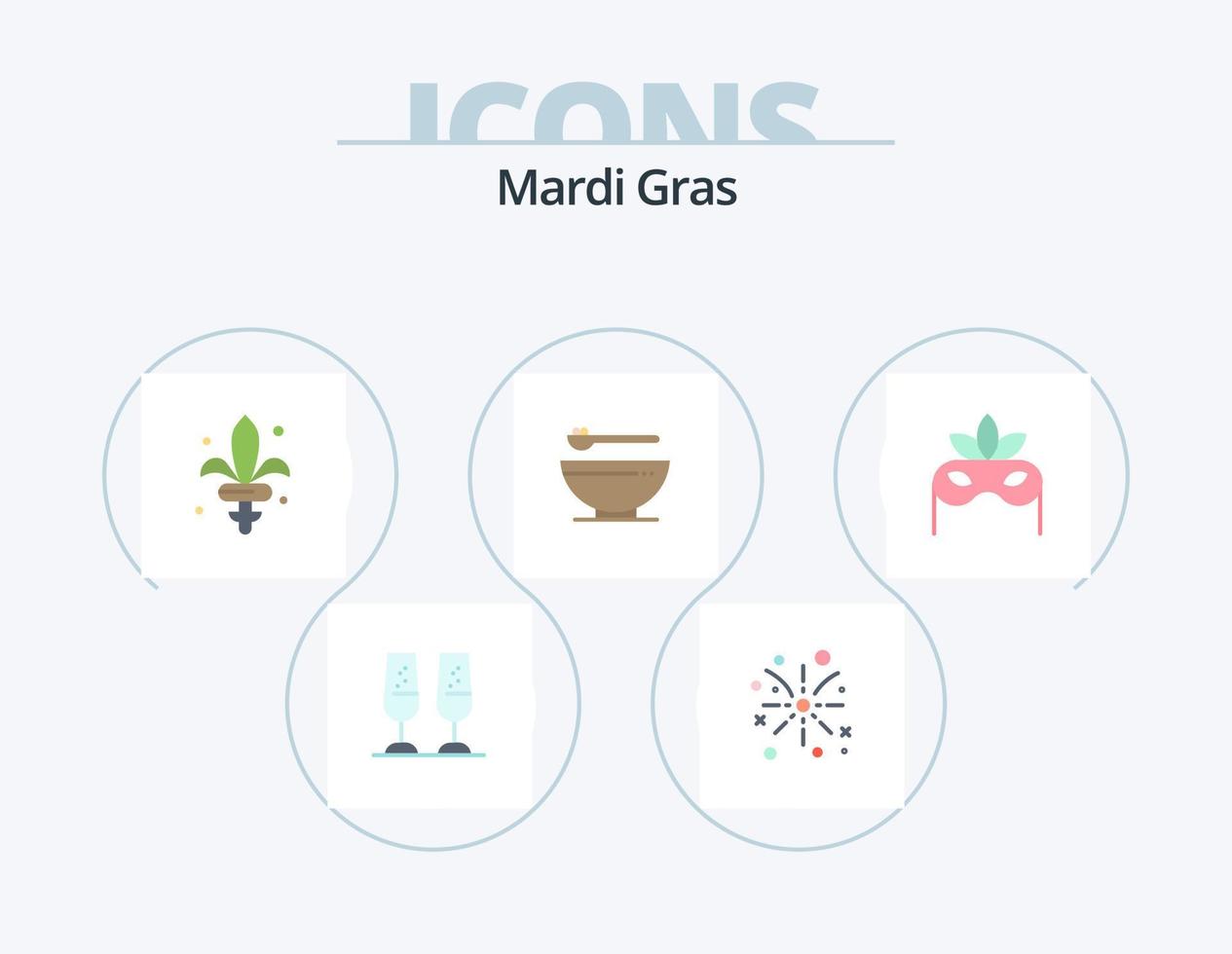 Mardi Gras Flat Icon Pack 5 Design de ícones. mascarar. Carnaval. jogos. cozinha. tigela vetor