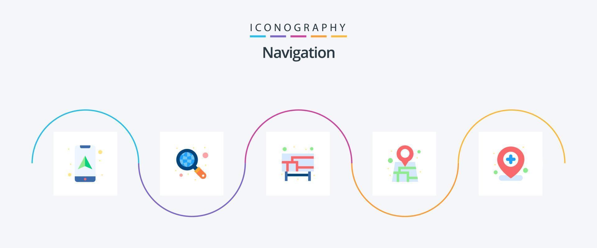 pacote de ícones de navegação plana 5, incluindo mais. localização. mapa. adicionar. localização vetor