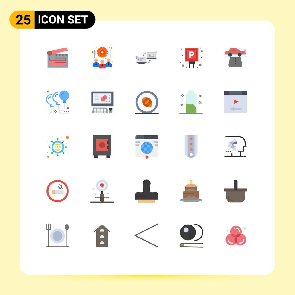 conjunto de pictogramas de 25 cores planas simples de conexão de informações de trabalho em equipe do carro de estacionamento elementos de design de vetores editáveis