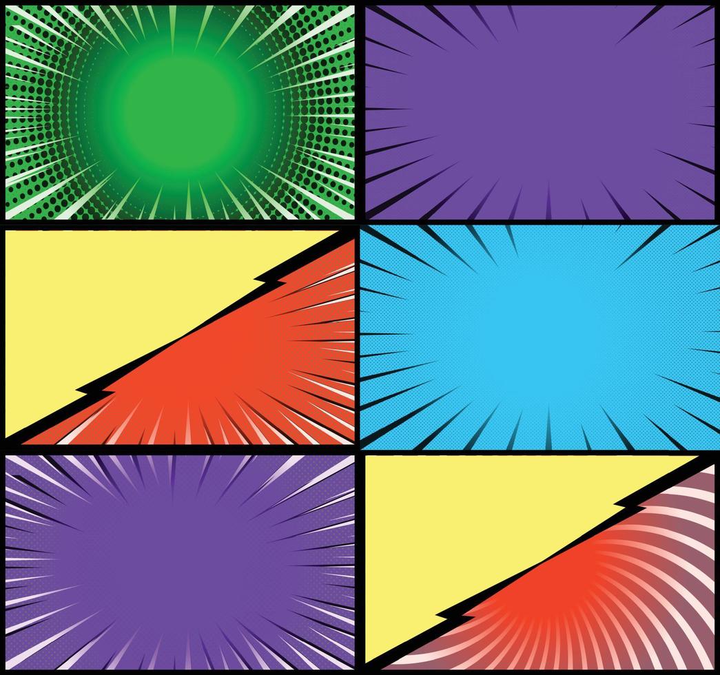 fundo de quadros coloridos de quadrinhos com raios de meio-tom radial e efeitos pontilhados estilo pop art vetor