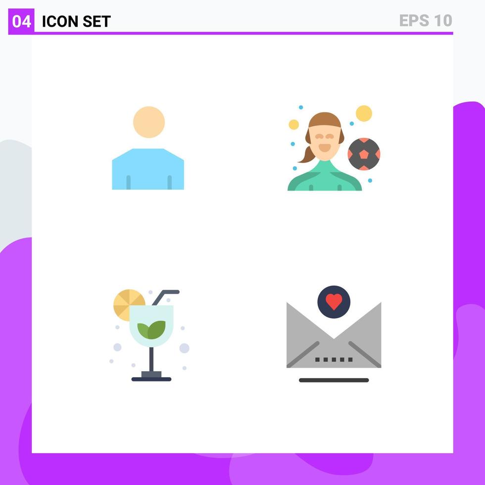 pacote de linha vetorial editável de 4 ícones planos simples de perfil de férias de avatar e-mail de jogo ao ar livre elementos de design vetorial editáveis vetor