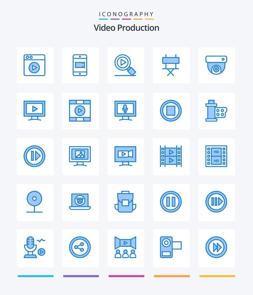 produção criativa de vídeo 25 pacote de ícones azuis, como monitor. meios de comunicação. vídeo. cctv. cadeira dobrável vetor