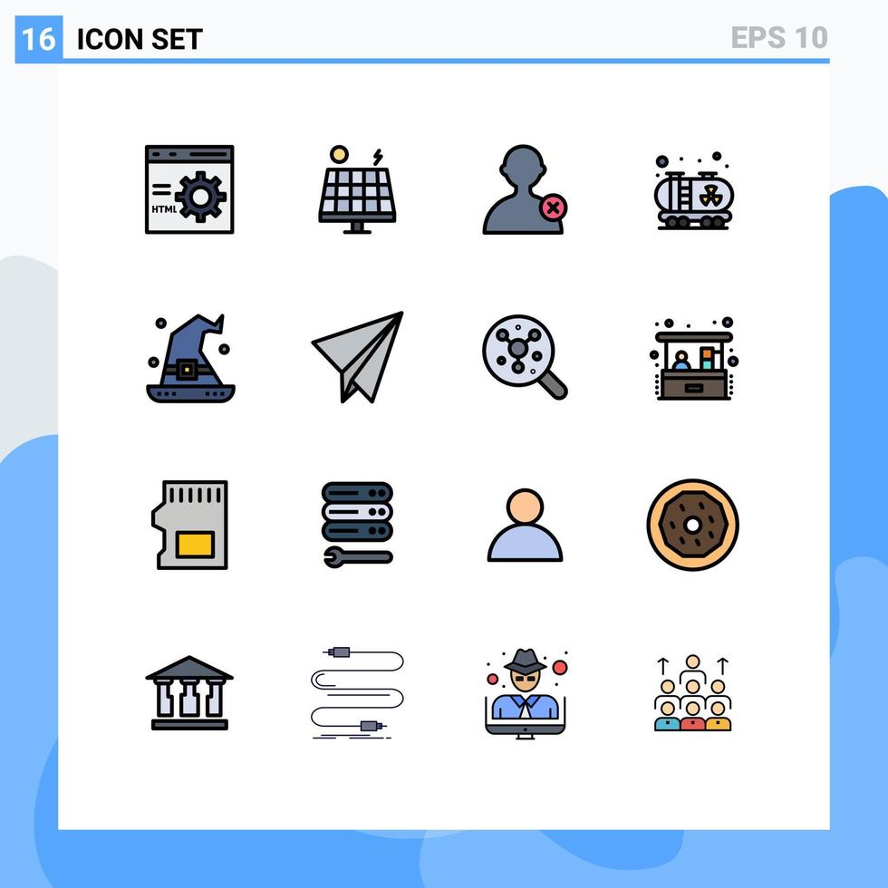 16 linhas preenchidas de cores planas universais definidas para aplicativos da web e móveis magia tinha elementos de design de vetores criativos editáveis de óleo de tanque solar
