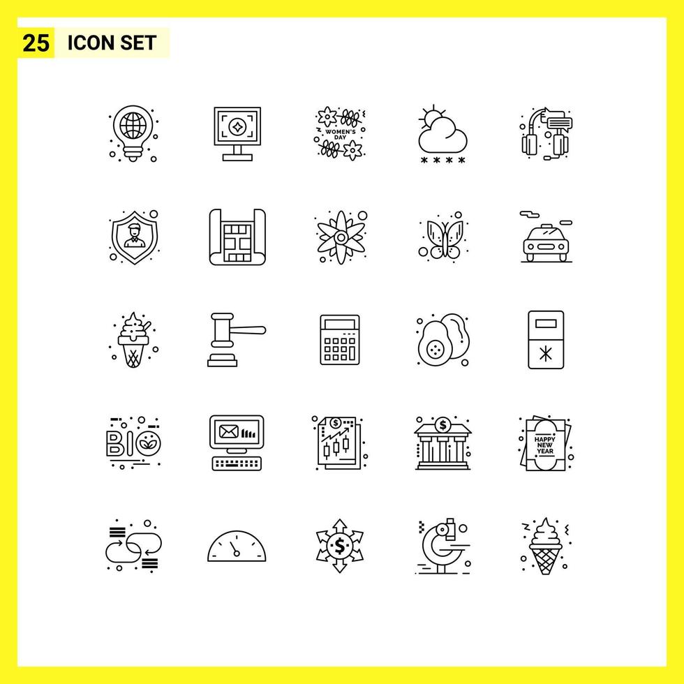 conjunto de 25 símbolos de ícones de interface do usuário modernos, sinais para impressão de sol central, mulheres de neve, elementos de design de vetores editáveis