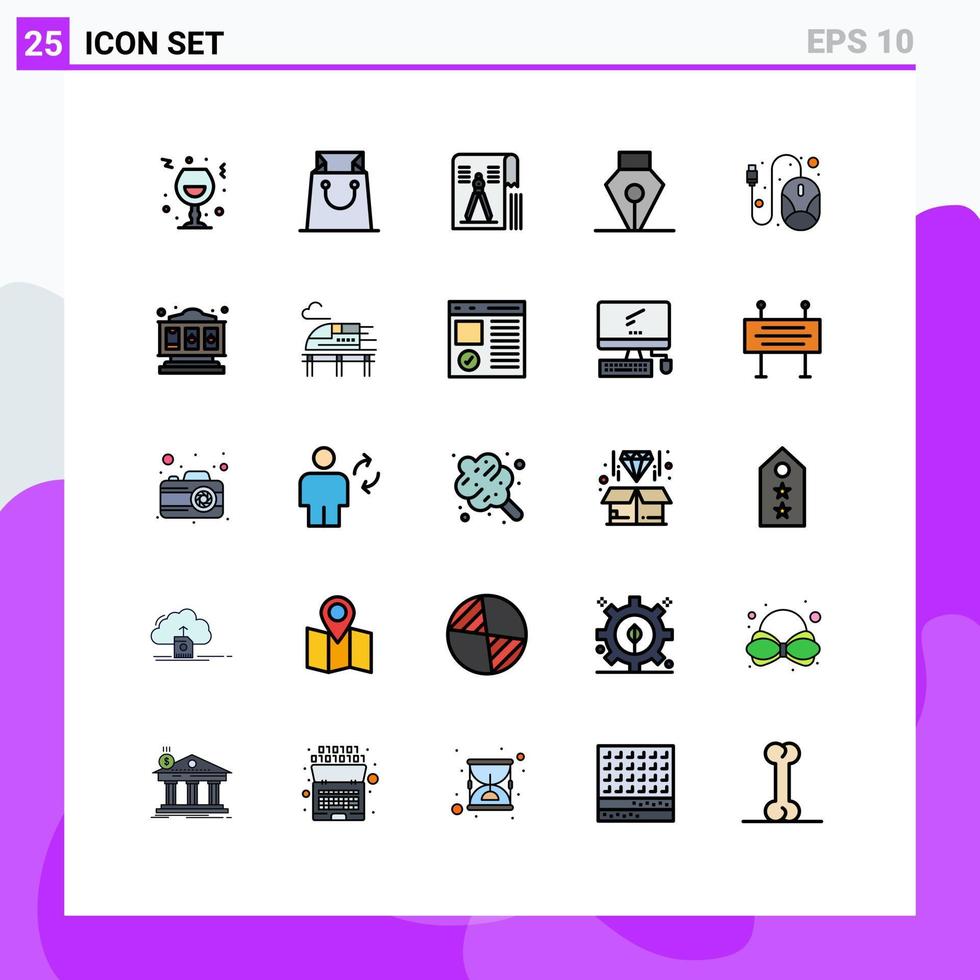 conjunto de cores planas de linha preenchida de interface móvel de 25 pictogramas de ferramenta de linha bússola caneta arquivo elementos de design de vetores editáveis