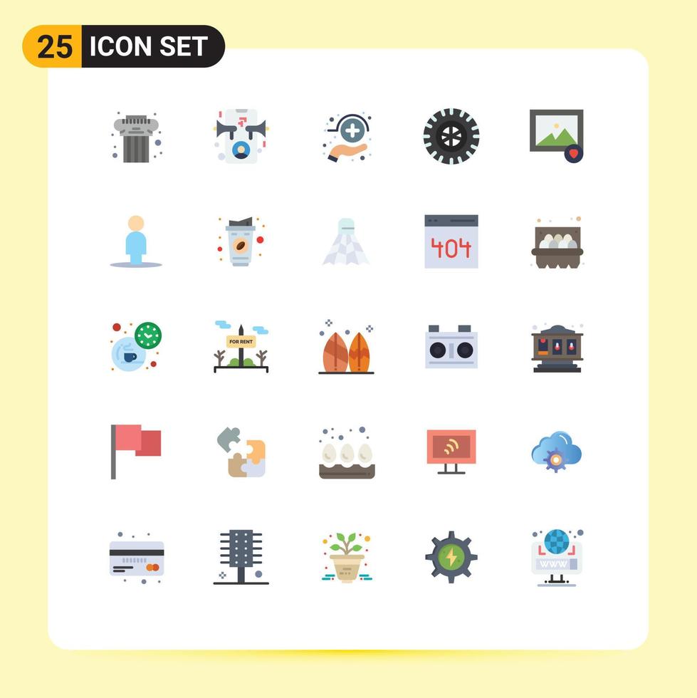conjunto de pictogramas de 25 cores planas simples de elementos de design de vetores editáveis de roda de cuidado favorito de foto