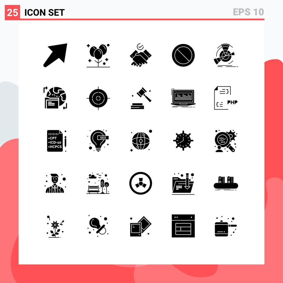 pacote de 25 sinais e símbolos de glifos sólidos modernos para mídia de impressão na web, como dados de trabalho de diagrama de ponto, elementos básicos de design de vetores editáveis
