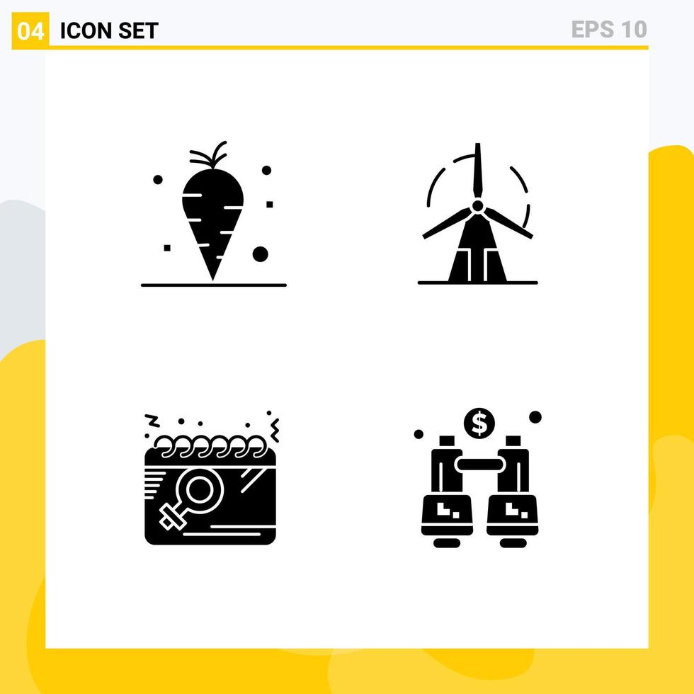 conjunto de pictogramas de 4 glifos sólidos simples de elementos de design de vetores editáveis de vitamina de calendário de cenoura