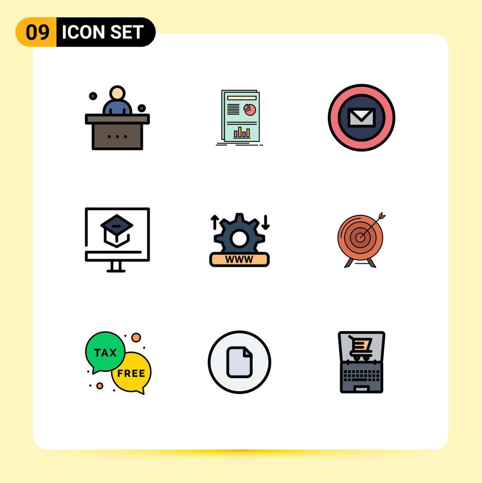 pacote de 9 sinais e símbolos modernos de cores planas de linha preenchida para mídia impressa na web, como selos de conhecimento de sucesso de aprendizado escolar, elementos de design vetorial editáveis vetor