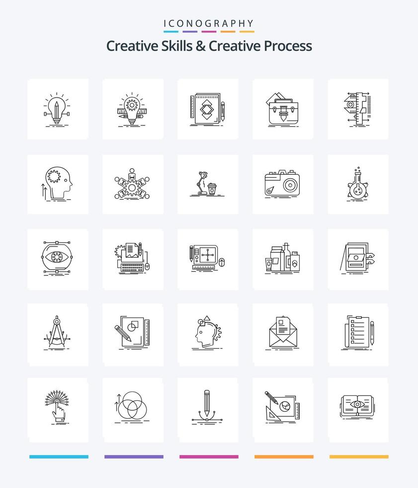habilidades criativas criativas e processo criativo 25 pacote de ícones de esboço, como bolsa. desenvolvimento. lápis. desenhar. ferramenta vetor