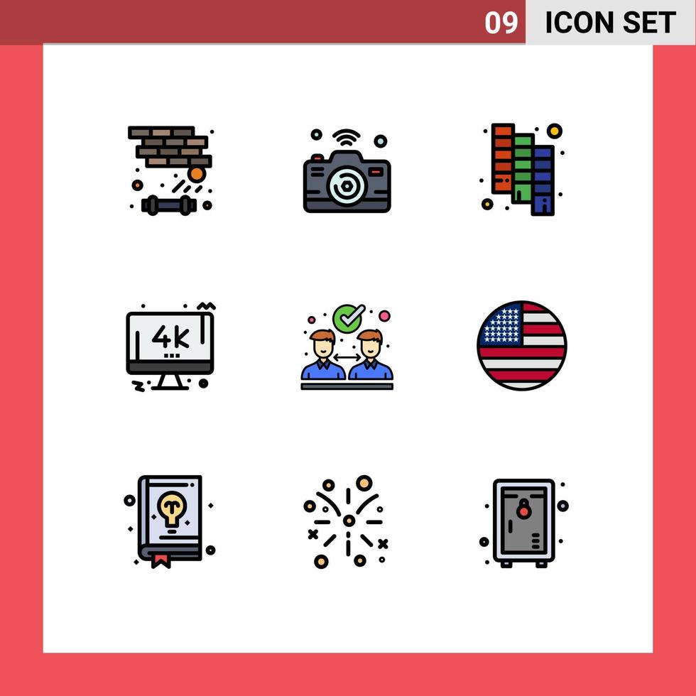 9 interface do usuário pacote de cores planas de linhas modernas de sinais e símbolos modernos de colaboração pc wi-fi monitor de tv elementos de design de vetores editáveis