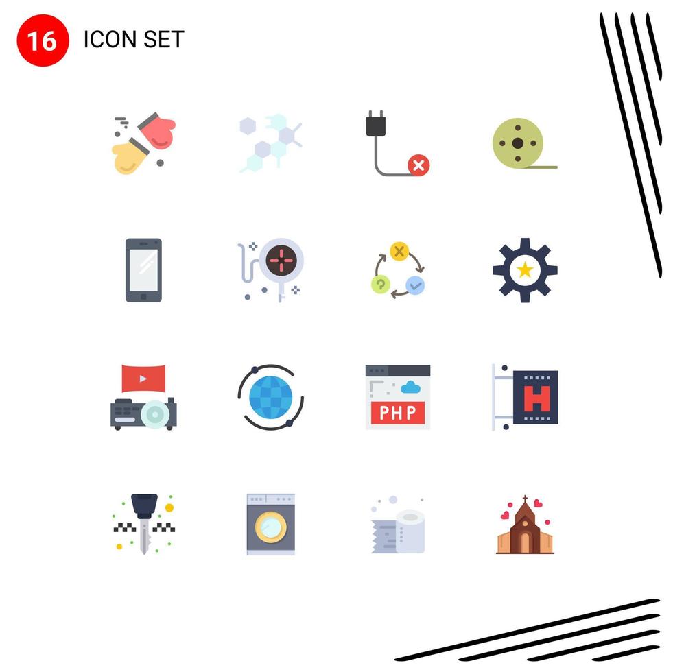 pacote de 16 sinais e símbolos modernos de cores planas para mídia impressa na web, como filme de telefone, computadores, filme, hardware, pacote editável de elementos de design de vetores criativos