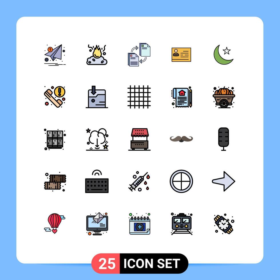 conjunto de pictogramas de 25 cores planas de linha preenchida simples de licença de cartão para trabalhar poluição copiando elementos de design de vetores editáveis