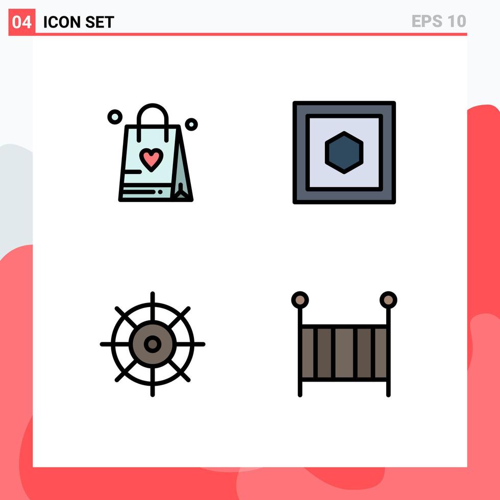4 interface de usuário pacote de cores planas de linha cheia de sinais e símbolos modernos de controle de hexágono de bebê de sacola de compras elementos de design de vetores editáveis