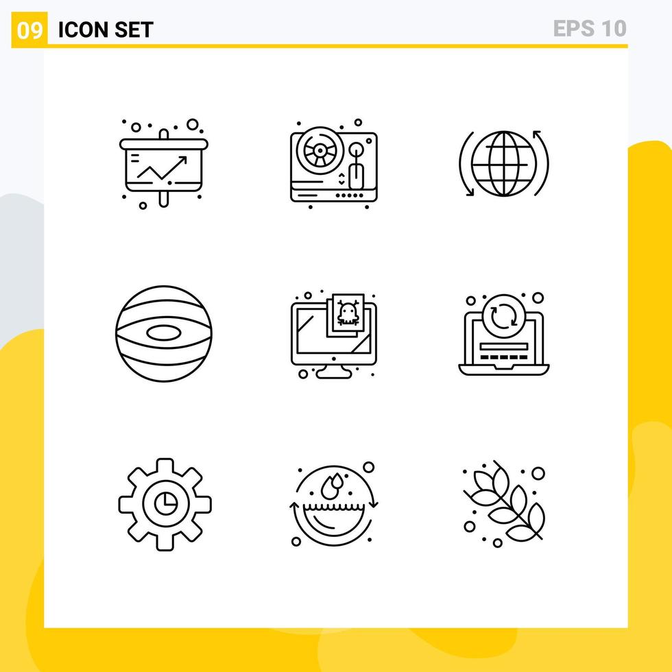 grupo de 9 sinais e símbolos de contornos para elementos de design de vetores editáveis de seta de jogo de espaço de monitor