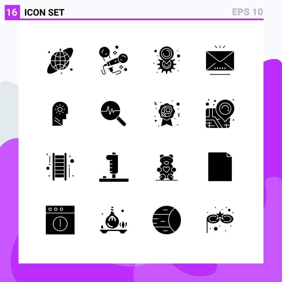 16 ícones criativos, sinais modernos e símbolos de mente, cérebro, localização, carta aberta, elementos de design de vetores editáveis