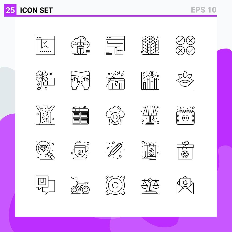 conjunto de pictogramas de 25 linhas simples do site on-line do cubo de camada toque em elementos de design vetorial editáveis vetor
