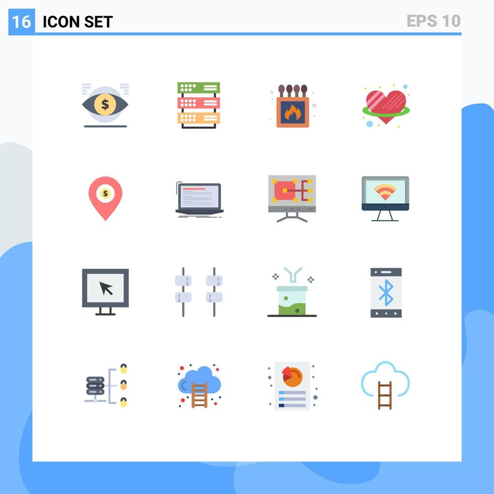conjunto de pictogramas de 16 cores planas simples de pacote editável de caixa de coração de rede de amor de localização de elementos de design de vetores criativos
