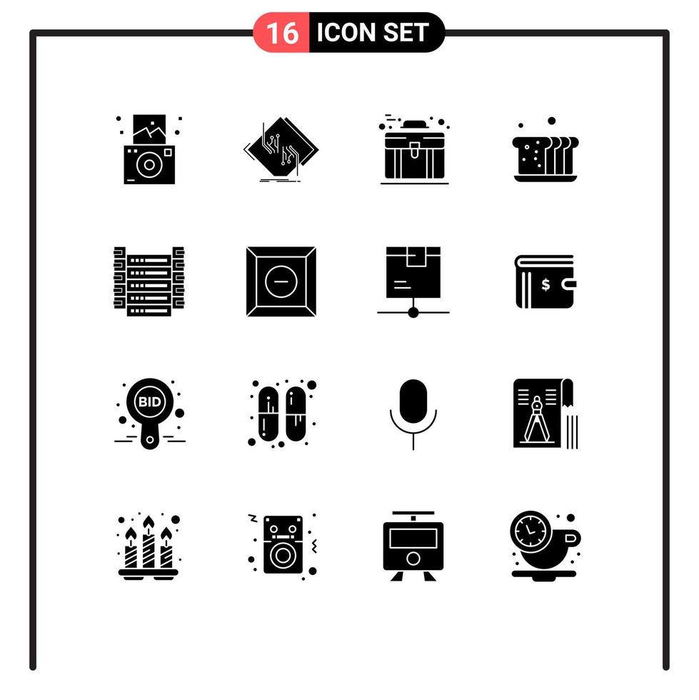 pacote de glifos sólidos de 16 símbolos universais de elementos de design de vetores editáveis de padaria de pão de negócios de alimentos de big data