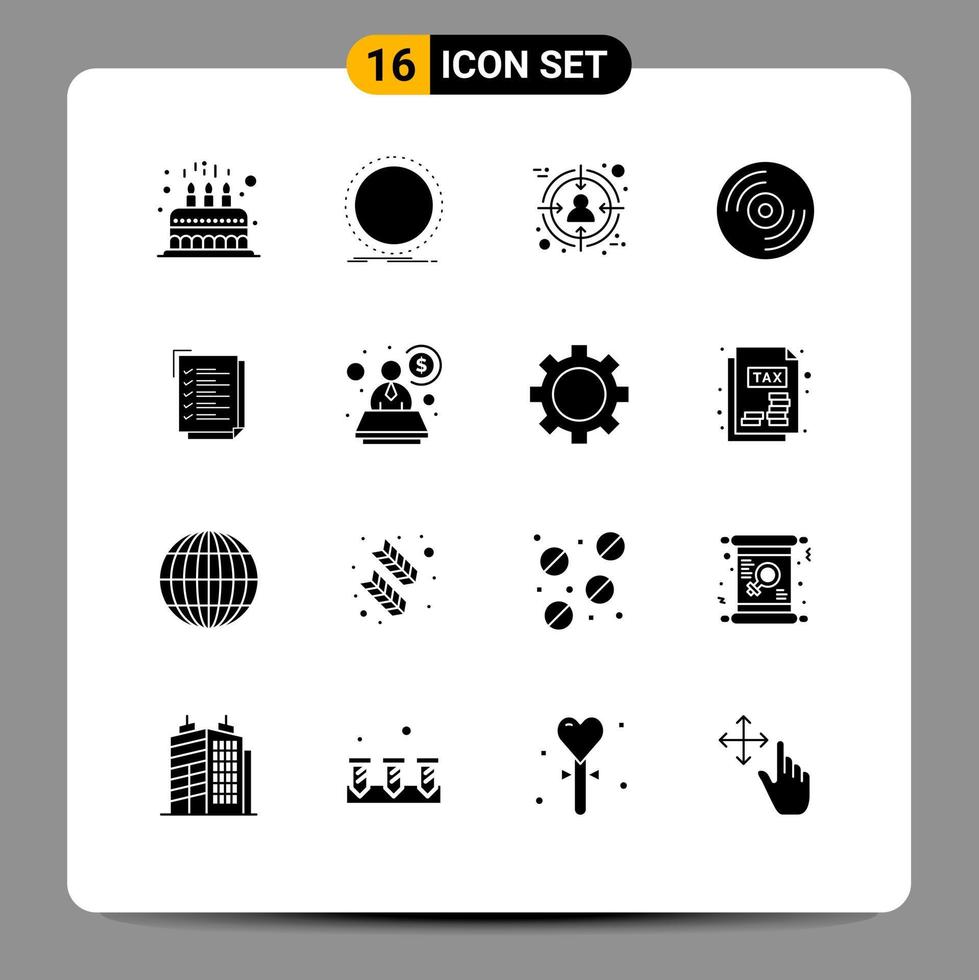 pacote de interface do usuário de 16 glifos sólidos básicos de elementos de design de vetores editáveis de disco de registro de mídia de lista de verificação