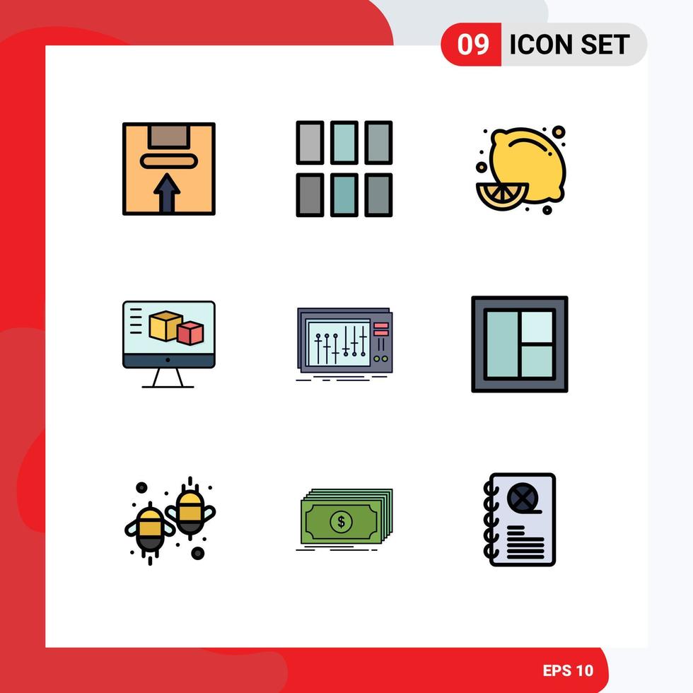 pacote de linha vetorial editável de 9 cores planas de linha preenchida simples de monitor de layout de caixa de console elementos de design vetorial editáveis de frutas de limão vetor